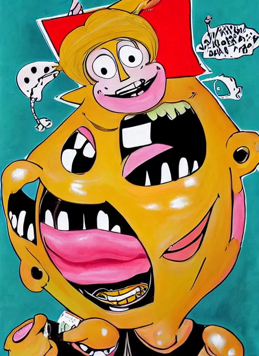 Image similar to a grotesque painting of a vocaloid caricature with a big dumb grin featured on Nickelodeon by jack davis