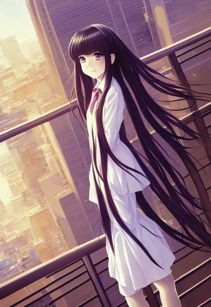 Image similar to beautiful full body portrait of a lone anime female with long flowing hair, wearing Japanese school uniform, standing on a balcony overlooking downtown Tokyo, D&D, fantasy, intricate, elegant, highly detailed, digital painting, artstation, concept art, smooth, sharp focus, illustration, art by ilya kuvshinov and WLOP and Ruan Jia and Krenz Cushart and greg rutkowski and alphonse mucha