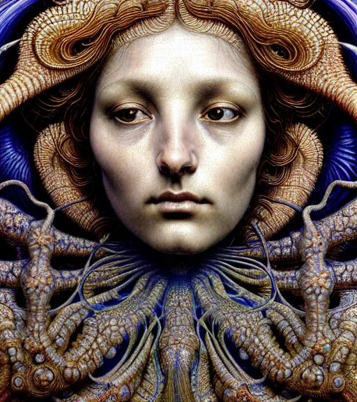 Image similar to detailed realistic beautiful scarab goddess face portrait by jean delville, gustave dore, iris van herpen and marco mazzoni, art forms of nature by ernst haeckel, art nouveau, symbolist, visionary, gothic, neo - gothic, pre - raphaelite, fractal lace, intricate alien botanicals, ai biodiversity, surreality, hyperdetailed ultrasharp octane render