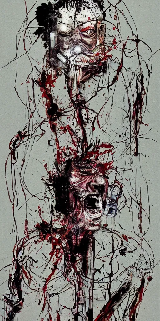 Image similar to Graphic Illustration, Creative Design, Enemy, Full body portrait, Biopunk, Body horror, by Ralph Steadman, Francis Bacon, Hunter S Thompson