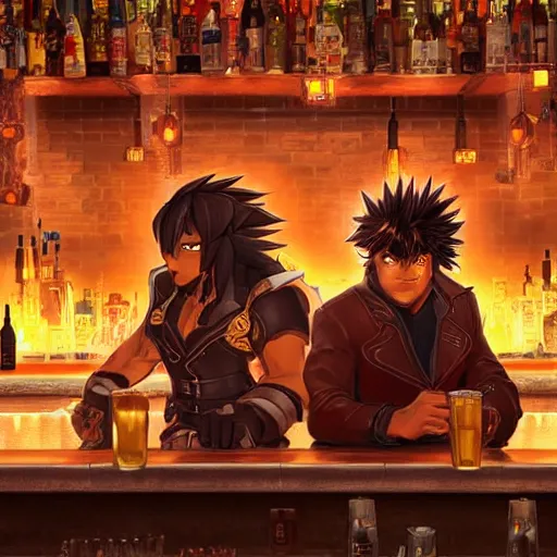 Image similar to an ultra detailed illustration of shadow the hedgehog and bowser sitting in a bar drinking beer, dive bar with a karaoke machine, volumetric lighting, 4 k, octane render, art by greg rutkowski and alphonse mucha and andreas rocha and albert bierstadt