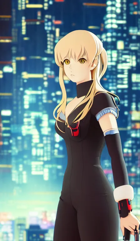 Image similar to anime fine details portrait of Lady Ann in front of cyberpunk moder city landscape on the background deep bokeh, close-up view, anime masterpiece by Studio Ghibli. 8k, sharp high quality anime, artstation