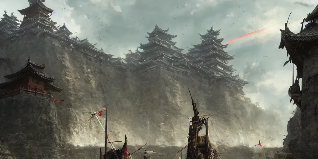 Prompt: giant goddess with swords guarding a japan middle age, giant fortress with cannons guarded by samurais, is built on a strong old wooden bridge, morning, matte painting, concept art, james gurney, greg rutkowski, unreal engine, artstation, john howe