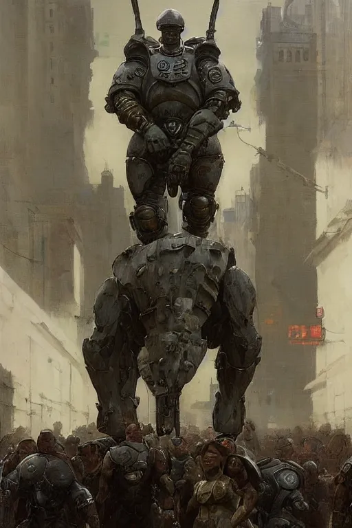 Image similar to soldiers on city street accompany martyn ford as a huge bipedal martian with bulbous torso wearing armour, painted by ruan jia, raymond swanland, lawrence alma tadema, zdzislaw beksinski, norman rockwell, jack kirby, tom lovell, alex malveda, greg staples