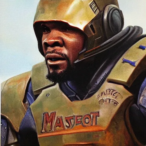 Image similar to ultra realistic portrait painting of kevin durant as master chief, art by frank frazetta, 4 k, ultra realistic, highly detailed, epic lighting