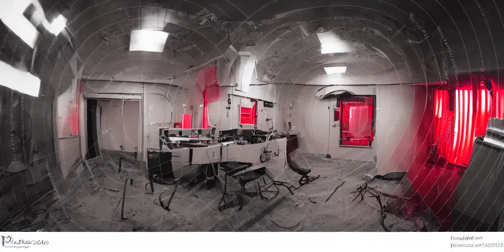 Image similar to noisy color photograph of a retrofuturist liminal space, laboratory, red lights, minimalist, cinematic, fish eye lens, soft vintage glow