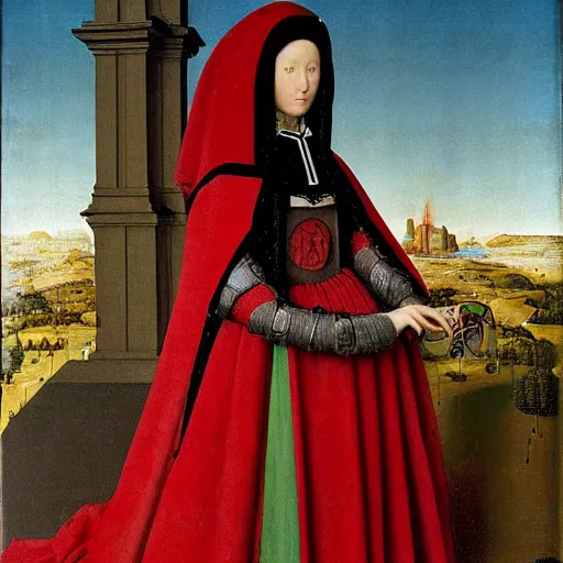 Prompt: a portrait of cyborg princess connected to a man-machine interface by Jan van Eyck, renaissance style