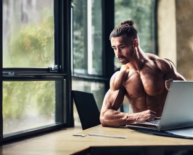 Image similar to extremely muscular gymnast fitness model sits in cafe window working on laptop detailed oil painting