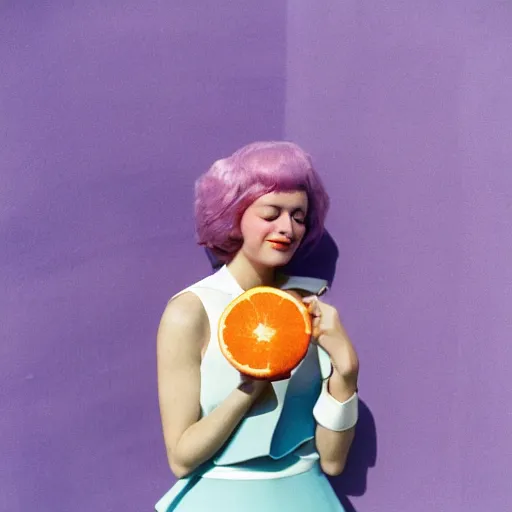 Image similar to sigma 8 5 mm f / 1. 4, monumental pale violet by slim aarons. a performance art of a young woman holding an orange