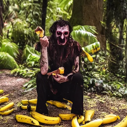 Image similar to photo of a horror villain eating a banana, he is sad that his dark clothes are covered in banana peels.