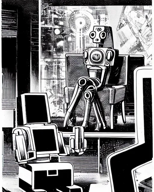 Prompt: robot wearing highly detailed hyperrealism neofuturistic cyberpunk neuralinterface is sitting on a chair, by wally wood and moebius