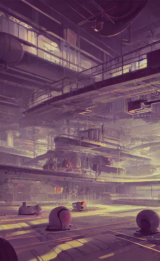 Image similar to Interior shot of a futuristic factory by Petros Afshar and Beeple, James Gilleard, Mark Ryden, Wolfgang Lettl highly detailed