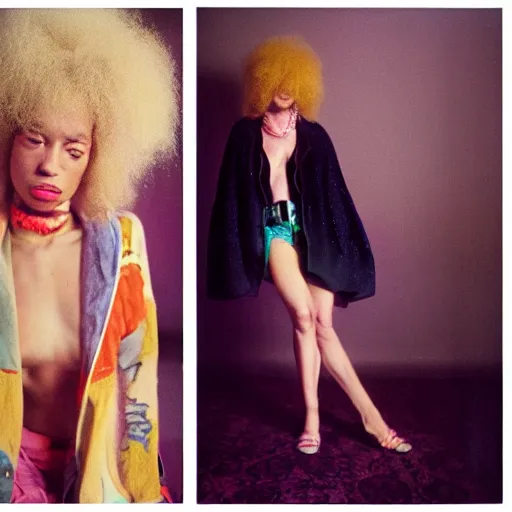 Image similar to realistic photoshoot for a new Jimi Hendrix lookbook, psychedelic clothes, color film photography, portrait of a beautiful blonde woman, in style of nan goldin, 35mm