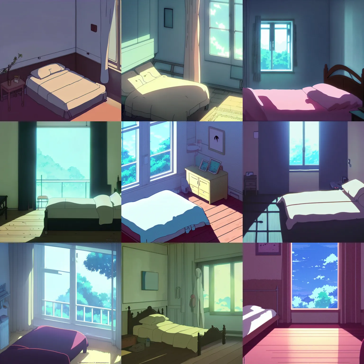 Prompt: bedroom, no people, a close - up, digital art, illustrations, by makoto shinkai and studio ghibli