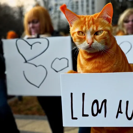 Prompt: orange tabby cat holds sign that says