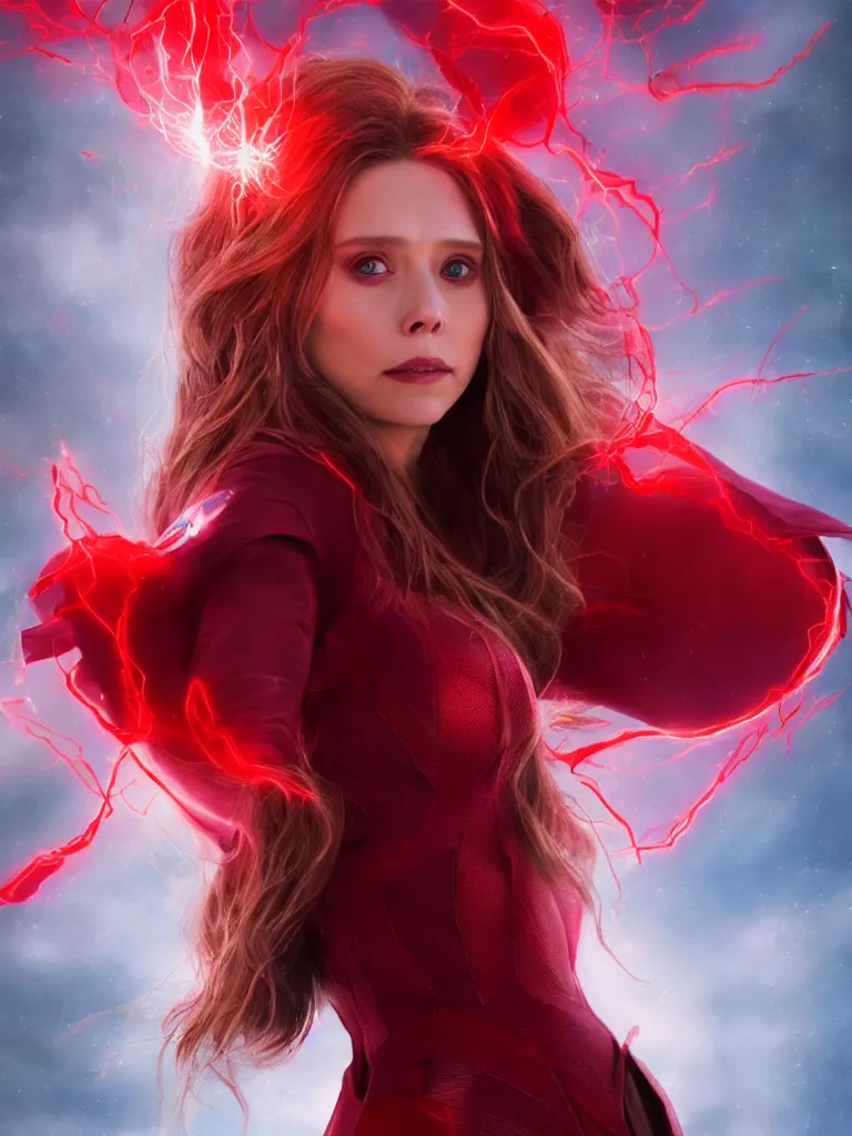 Image similar to movie still of elizabeth olsen as scarlet witch creating a barrier of red energy around herself!!!!!, photorealistic art style, fantasy aesthetic. full - body photography, comprehensive art, thorough details, intricate, artstation, cgsociety contest winner