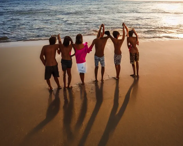 Prompt: family portrait of a group of people hugging each other, standing on top of a sandy beach, a stock photo by demetrios farmakopoulos, shutterstock contest winner, photo taken with canon