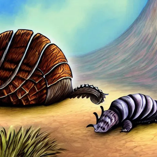 Image similar to fantasy drawing of a giant armadillio - like creature in the desert