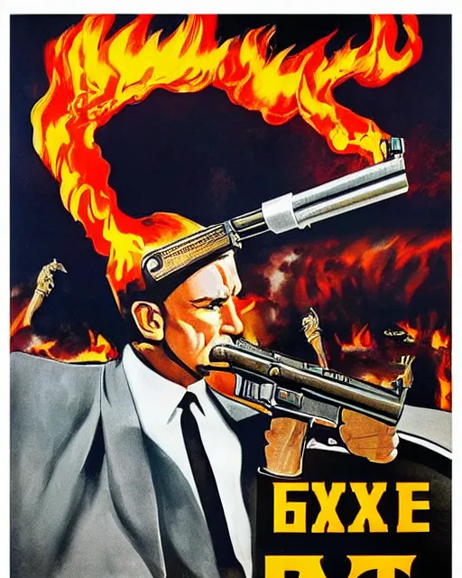 Prompt: “ a james bond style pulp poster, illustration of big tex from the texas state fair on fire, movie premiere poster, close up, portrait, dramatic, 1 9 6 0 s, highly detailed, brandishing a gun ”