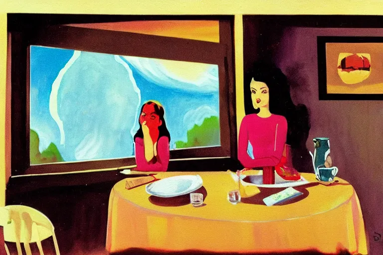 Prompt: a beautiful sad girl is sitting at the table and huge nuclear explosion is in the window, painting in style of Malcolm Smith