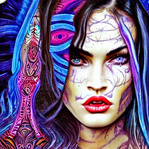 Image similar to an extremely psychedelic portrait of megan fox as lilith, surreal, lsd, face, detailed, intricate, elegant, lithe, highly detailed, digital oth, sharp focus, illustration,