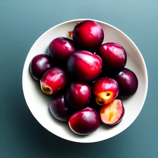 Prompt: photo of a thick porcelain bowl filled with few moist freshly picked plums on a wooden table. volumetric lighting. 4 k. small scale. realistic. top down.