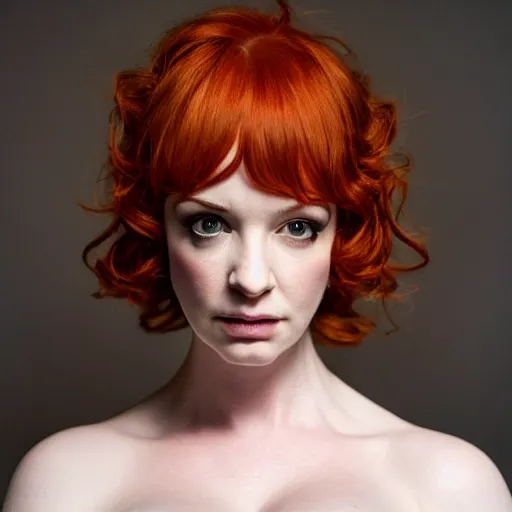 Image similar to symmetry!! christina hendricks!!! full frontal body photography of christina hendricks in cosplay, blushing, perfect facial symmetry, dim volumetric cinematic lighting, 8 k, post - processing, extremely hyper - detailed, intricate, epic composition, masterpiece, stunning,