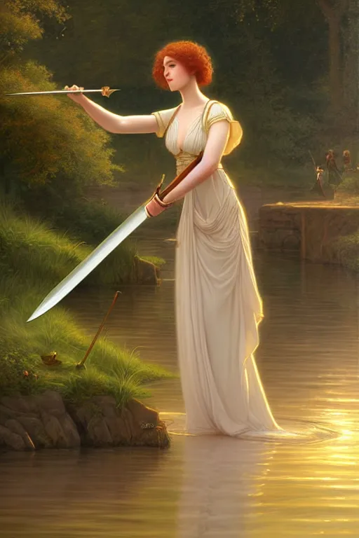 Image similar to a portrait of a sorceress dropping a sword into the lake, illustration, soft lighting, soft details, painting oil on canvas by Edmund Blair Leighton and Charlie Bowater