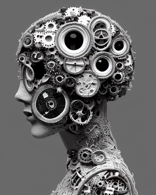 Image similar to black and white dreamy foggy smoky profile face portrait, one silver steampunk eye biomechanical beautiful young female cyclope - cyborg - robot bust, body ribs meshes,, volumetric light, hibiscus flowers, by hg giger, rim light, by dora maar and cecile beaton, big gothic fashion pearl embroidered collar, 8 k