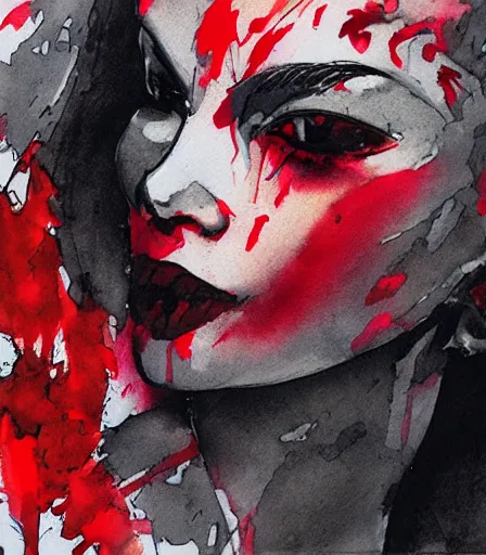 Prompt: Yoji Shinkawa's 'a tank with bright red lipstick', ink and colours on silk, trending on pixiv, zoomed out, monochrome, watercolour