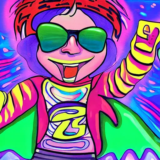 Prompt: high detailed painting of the adult version Otto Rocket dancing at a psychedelic rave