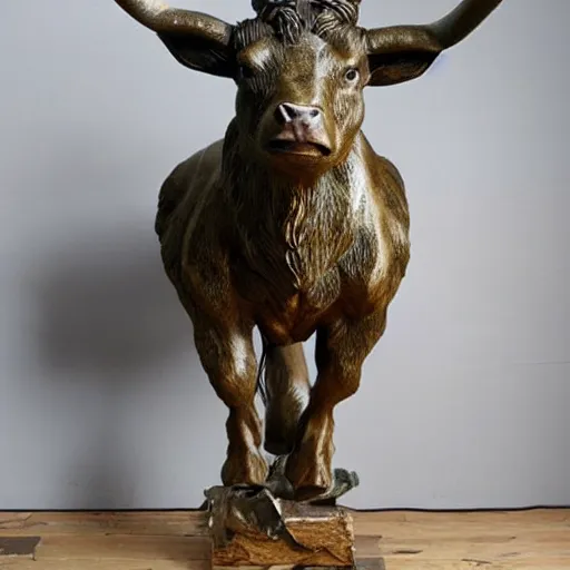 Prompt: minotaur statue madewith taxidermy techniques