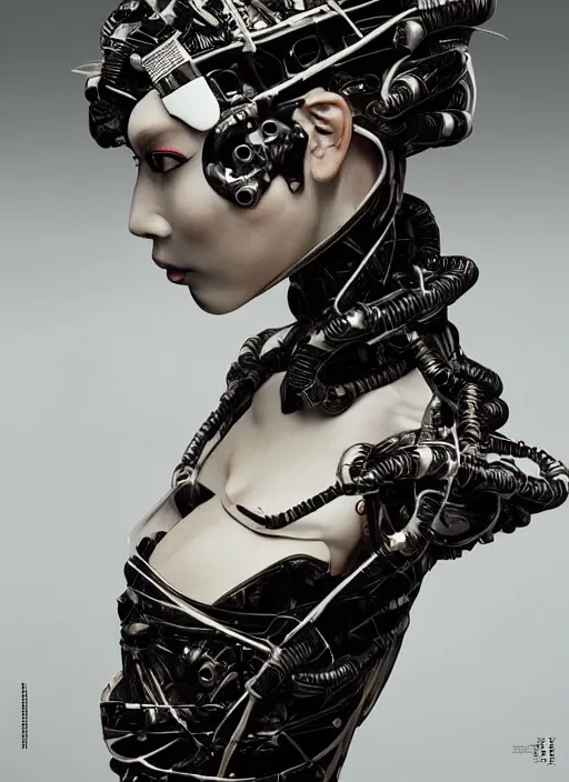 Image similar to portrait of a futuristic geisha cyborg, in the style of ghost in the shell, kintsugi, modern fine art, fractal, intricate, elegant, highly detailed, digital photography, subsurface scattering, by jheronimus bosch and erwin olaf and pieter hugo and bruce davidson and greg rutkowski,