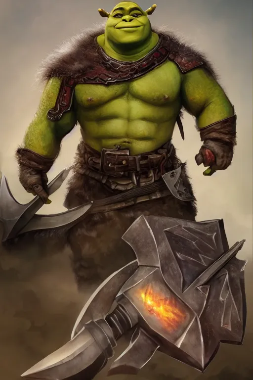 Image similar to A realistic anime portrait of Shrek, warrior, D&D, dual Axe wielding, full body plated armor, dungeons and dragons, tabletop role playing game, rpg, jrpg, digital painting, by Stanley Artgerm Lau, Frank frazzeta, WLOP and Rossdraws, digtial painting, trending on ArtStation, SFW version