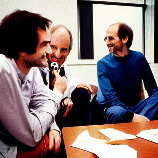 Image similar to photograph douglas adams discussing happier times with steve jobs on campus 1 9 8 8, healthy, douglas adams, in thomas ruff style, 3 5 mm ektachrome