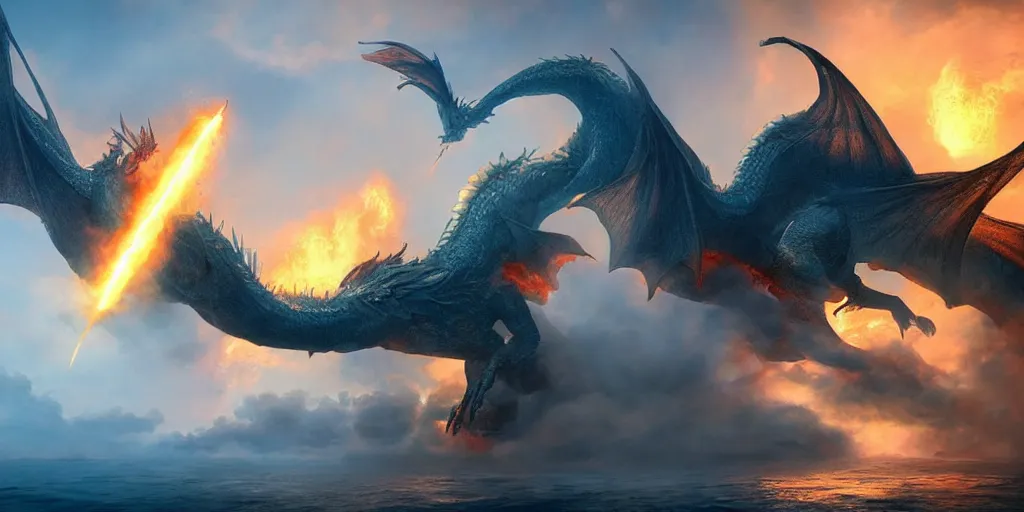 Prompt: giant mythical dragon flying across the ocean breathing fire, trending on artstation, digital art, fog, fire, heat, steam, sun flare, rain