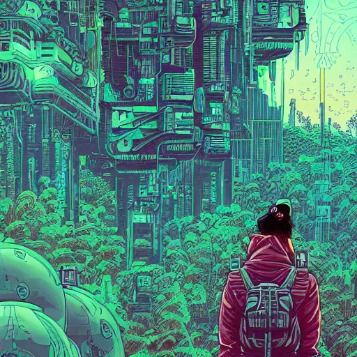 Prompt: Stunningly intricate illustration of single cyberpunk explorer overlooking lush forest, highly detailed, midnight, small glowing orbs by Josan Gonzalez and Dan Mumford , Moebius, Laurie Greasley