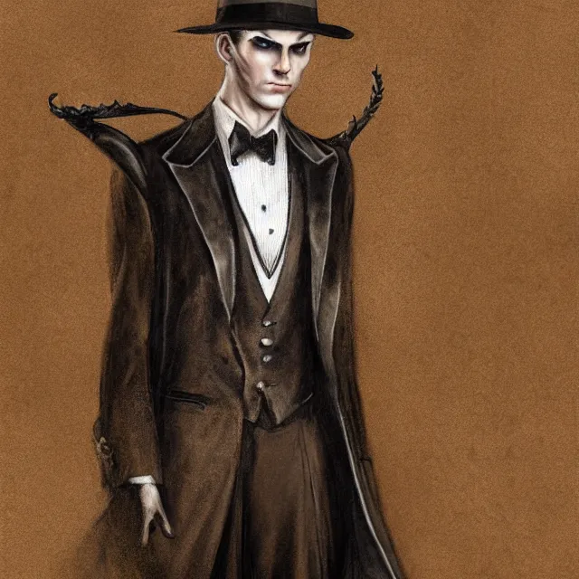 Image similar to photorealistic sepia full - head portrait of a 1 9 2 0 s era smirking male occultist, well dressed, long - tailed tuxedo coat, atmospheric lighting, dark, brooding, painted, intricate by thierry doizon, ultra detailed, well composed, best on artstation, cgsociety, epic, stunning, gorgeous, intricate detail, much wow, masterpiece