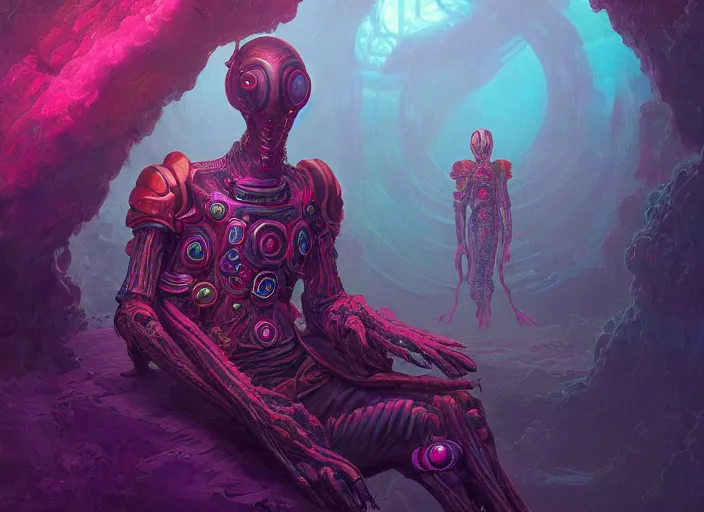 Prompt: a psychedelic portrait of omin dran exoskeleton mind flayer psion talking with crew, vibrant color scheme, highly detailed, in the style of romanticism, cinematic, artstation, moebius, greg rutkowski