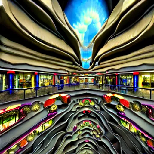 Image similar to hyperrealism photography computer simulation visualisation of parallel universe mall in surreal scene from art house movie from nefuturistic sci - fi setting by caravaggio rendered in mandelbulb 4 d