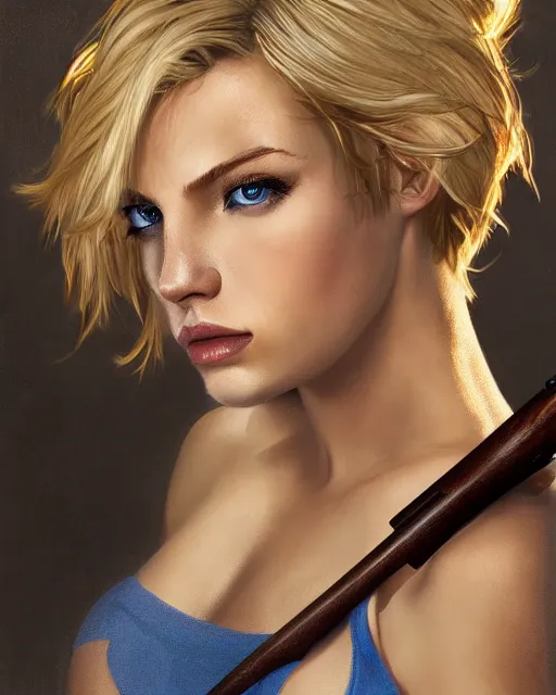 Image similar to side closeup of beautiful blonde female with blue eyes aiming l 9 6 a 1 rifle at target, award winning photography, extremely detailed, artstation, 8 k, sensual lighting, incredible art, wlop, artgerm, backlit, rim lighting, hi - fructose, cellshading, intricate lineart