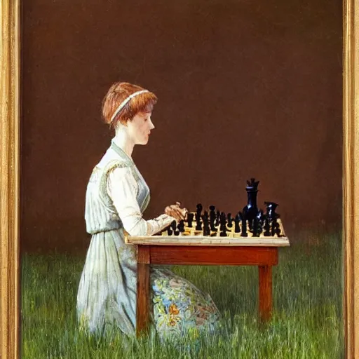 Image similar to a young edwardian woman playing chess against a rabbit, in the style of Carl Larsson