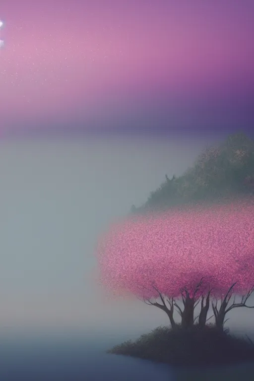 Image similar to misty fog over a lake at night, land in the distance, cherry blossoms, illustration, light beams, simple, minimalist, digital art, oil painting, fantasy, 8 k, trending on artstation, detailed