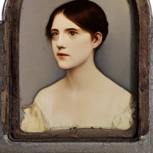 Prompt: portrait of a beautiful young lady with silver eyes, colored daguerreotype, by Mackintosh, by Pontormo rule of thirds, fair complexity, 4k quality