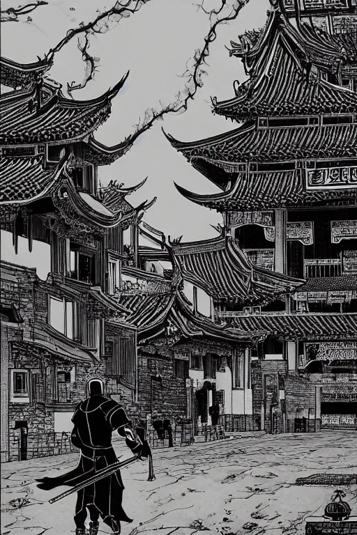 Prompt: A very detailed Chinese knight walking alone with his black horse, very detailed grand Chinese martial arts cityscape, desolate, black & white, silhouette by janus, Brian Bolland, book cover