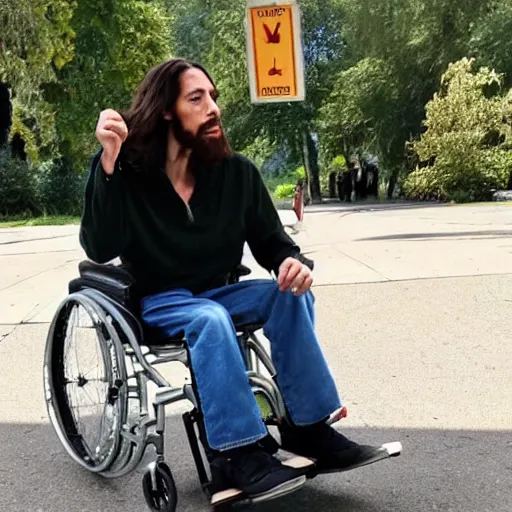 Image similar to jesus christ smoking a blunt, sitting in a wheelchair