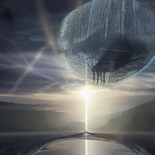 Image similar to Hyper-detailed photo-realistic Illusion reflections of A Beautiful alien organic mega-structure emerging from crepuscular rays by erik johansson, studio lit, volumetric, 8k