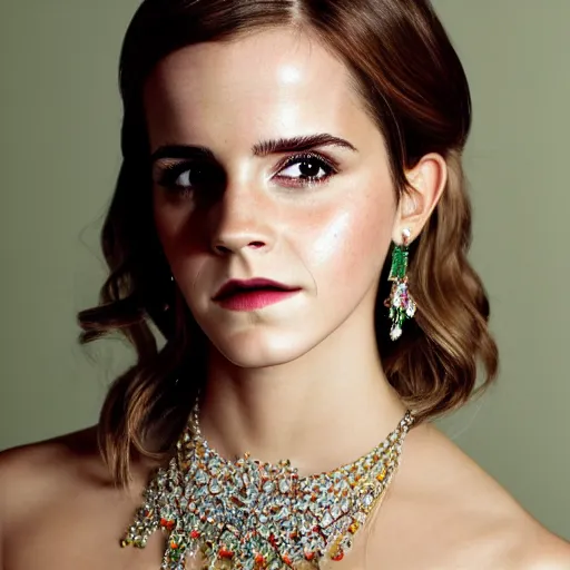 Image similar to emma watson as queen, big crown adorned with emerald, diamonds, topaz and other jewellaries, sensual, beautiful soft light failling on her face, studio photography, nikon 3 5 mm portrait photography, ultra realistic