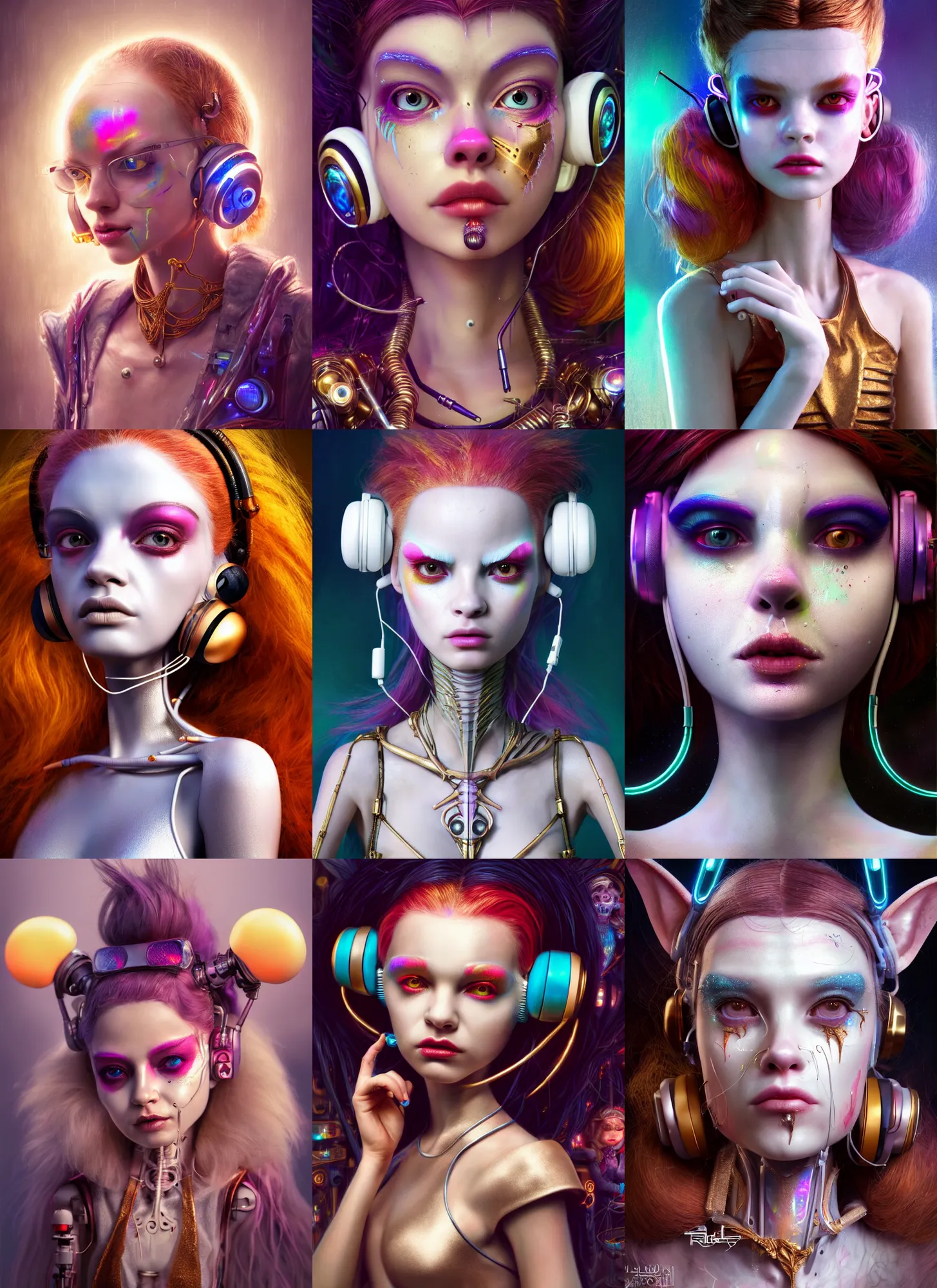 Prompt: disney weta 8 k, soft lustrous biotech raver white clowncore hot cyborg, earbuds, ( golden ratio ) details, sci - fi, fantasy, cyberpunk, intricate, decadent, highly detailed, digital painting, ever after high, octane render, artstation, concept art, smooth, sharp focus, illustration, art by rutkowski, loish, wlop