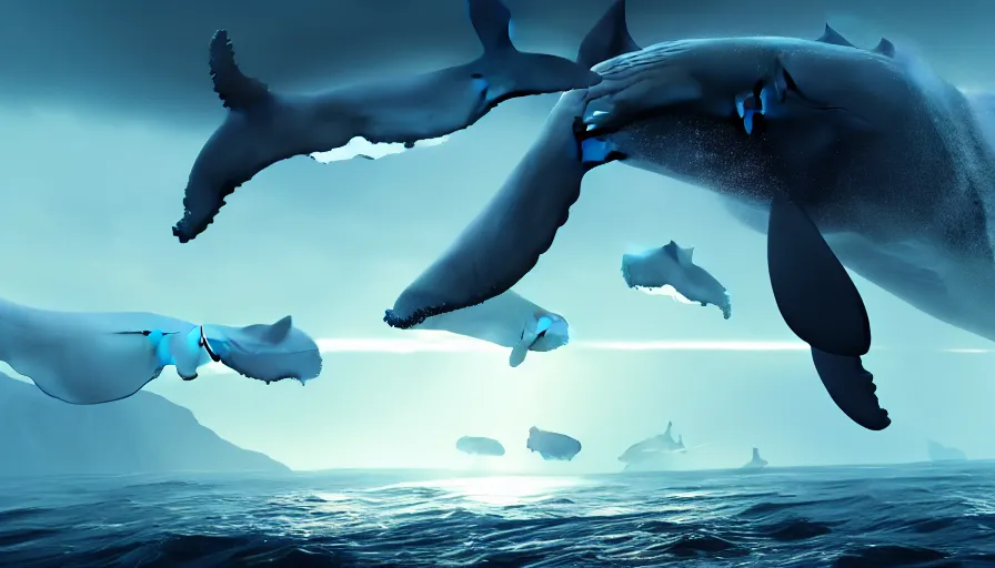 concept art of whales flying in the air in a style of, Stable Diffusion